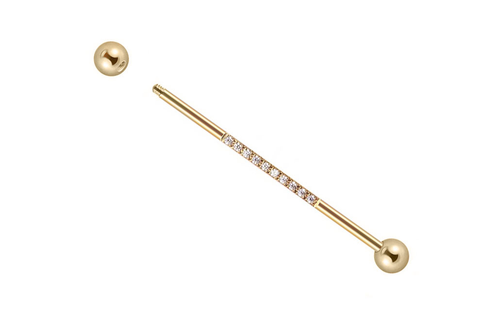 14K Gold Industrial Barbell with 10 CZ