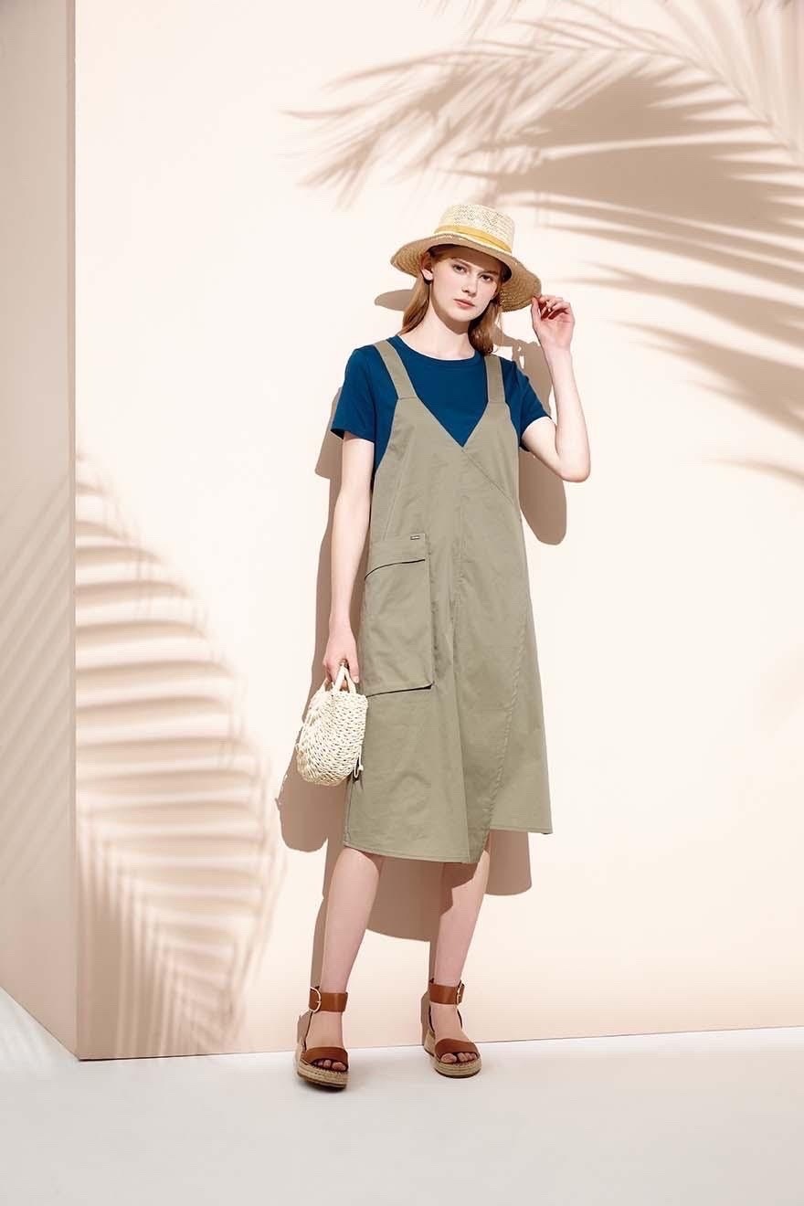 時尚修身假兩件式拼接大囗袋造型休閒洋裝S6572