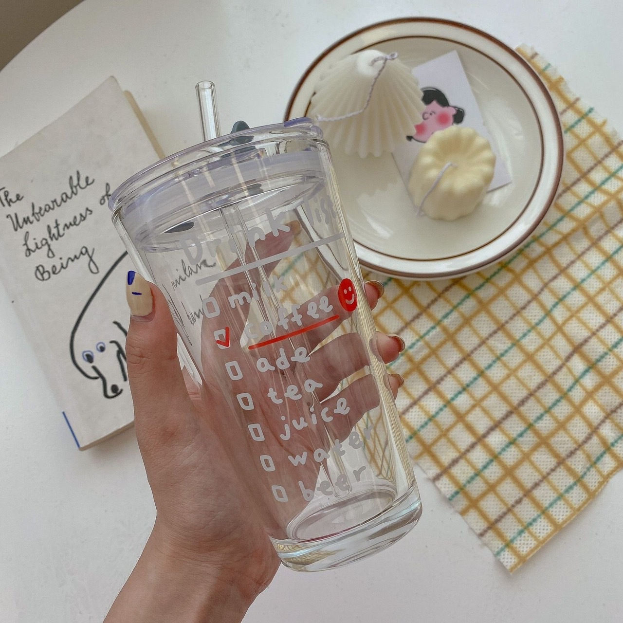 《1963》夏日可愛手繪圖玻璃吸管杯400ML