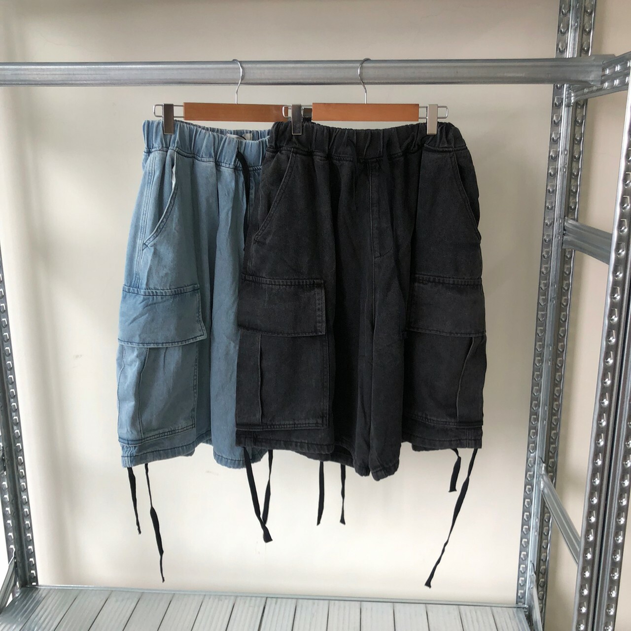 寬版闊腿牛仔抽繩短褲 D136