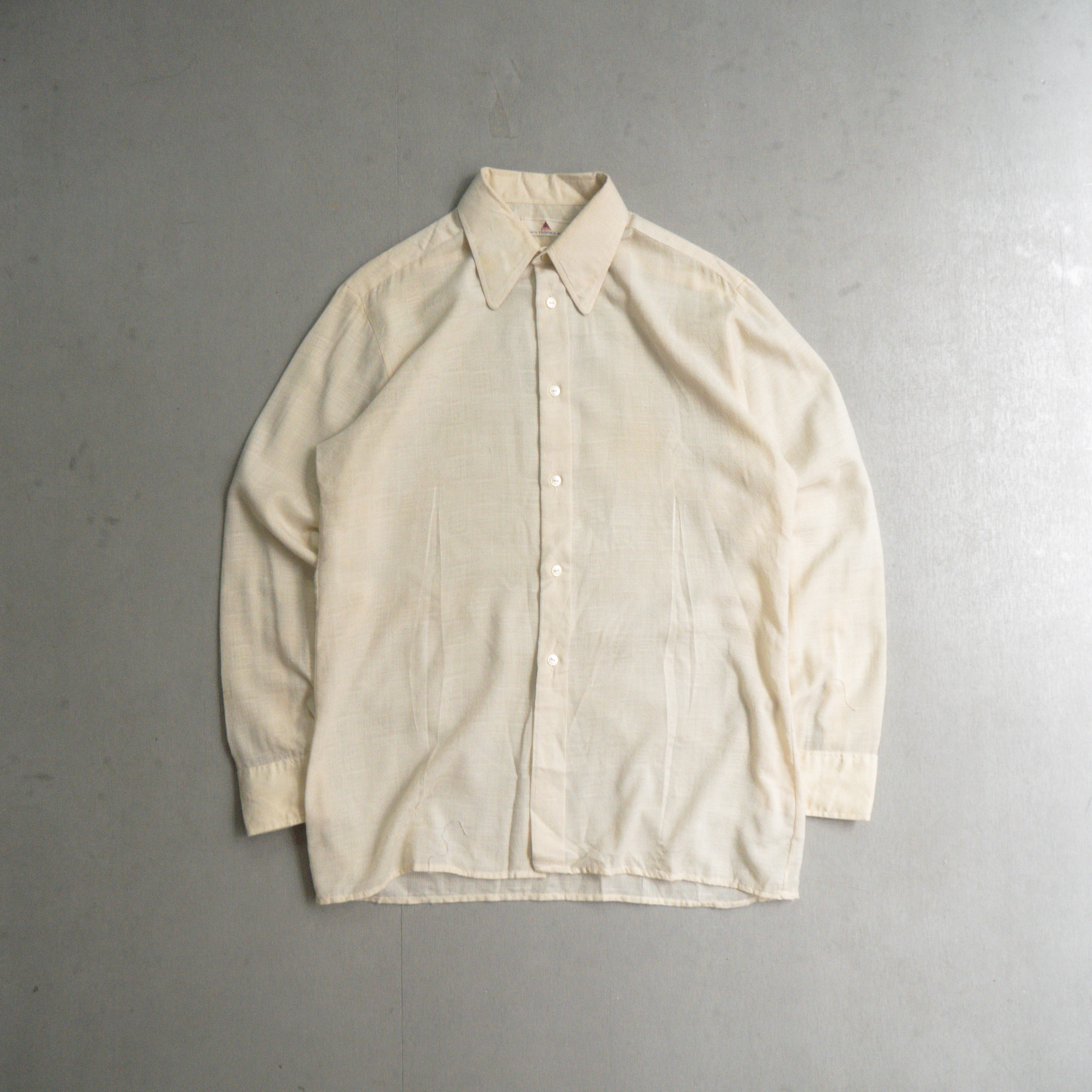 70-80S LONG POINT SHIRT 美國 米白 提花 棉麻 刺繡 箭領 長袖 襯衫
