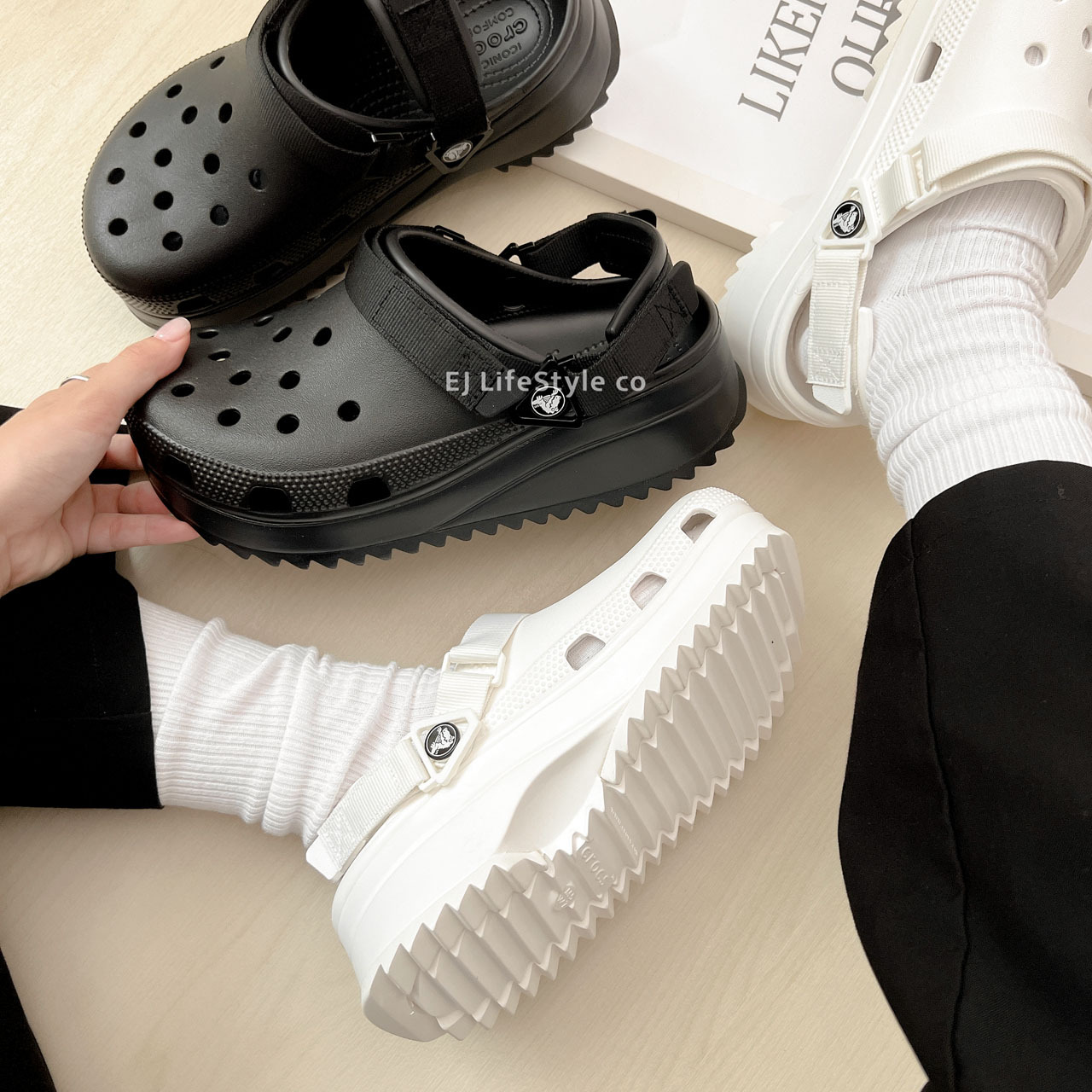 CROCS CLASSIC HIKER CLOGS 鋸齒 厚底 黑色 白色 可調節 206772 / 現貨