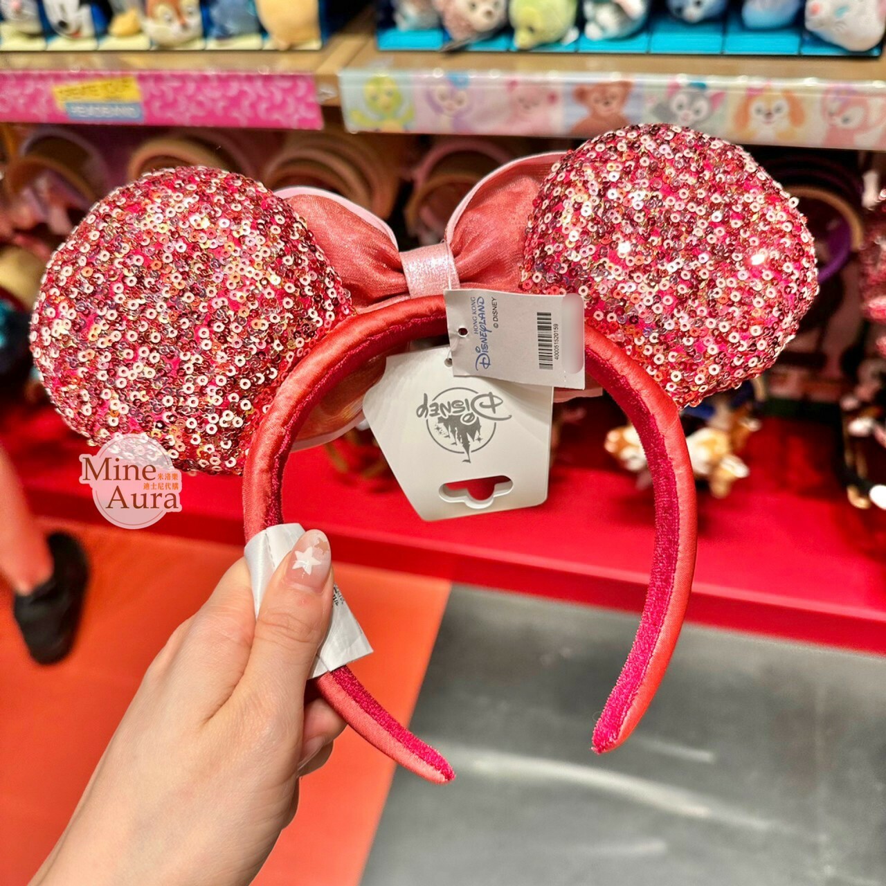 米妮 Minnie 蝴蝶結 漸層 桃紅色亮片 米奇頭造型 髮圈 髮箍 -香港迪士尼樂園