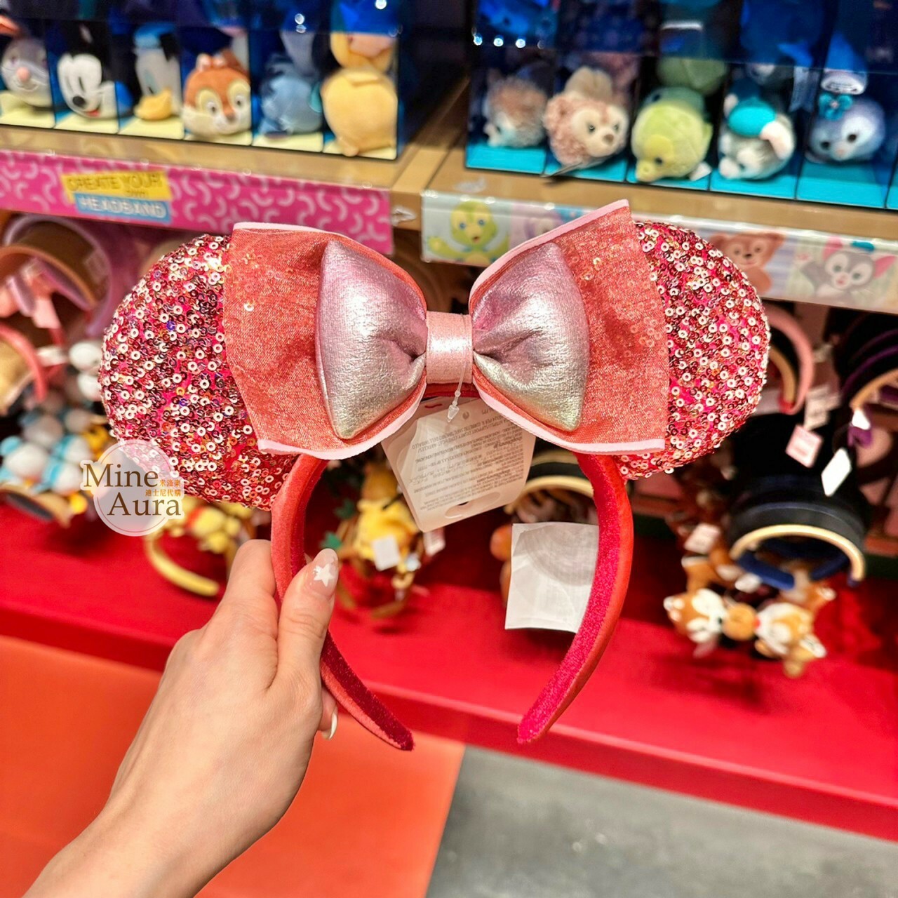米妮 Minnie 蝴蝶結 漸層 桃紅色亮片 米奇頭造型 髮圈 髮箍 -香港迪士尼樂園