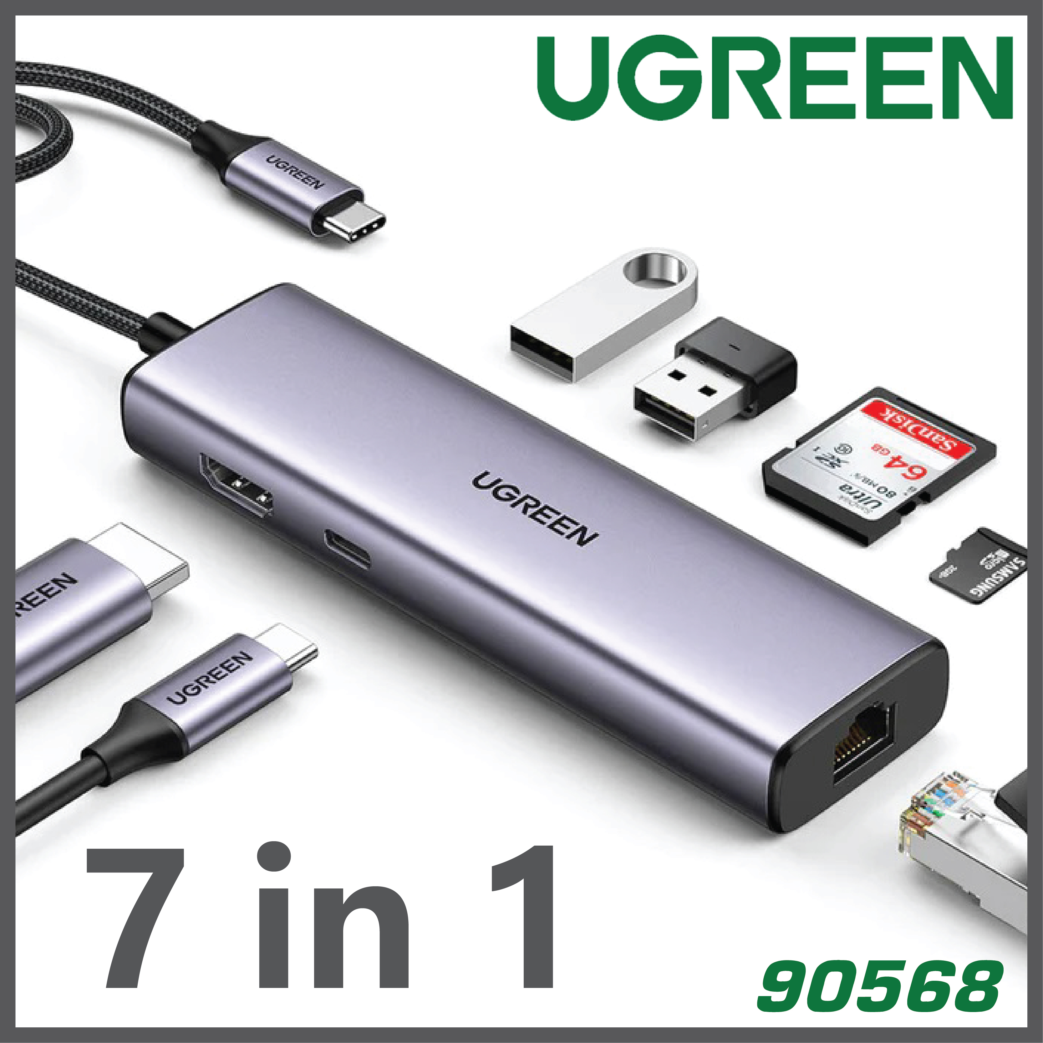 UGREEN - 90568 7 in 1 Type-C to LAN, HDMI, USB x 2, SD card, TF card, Type-C (PD 100W) HUBS