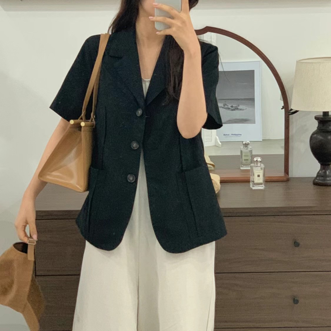 三釦棉麻休閒西外(黑)