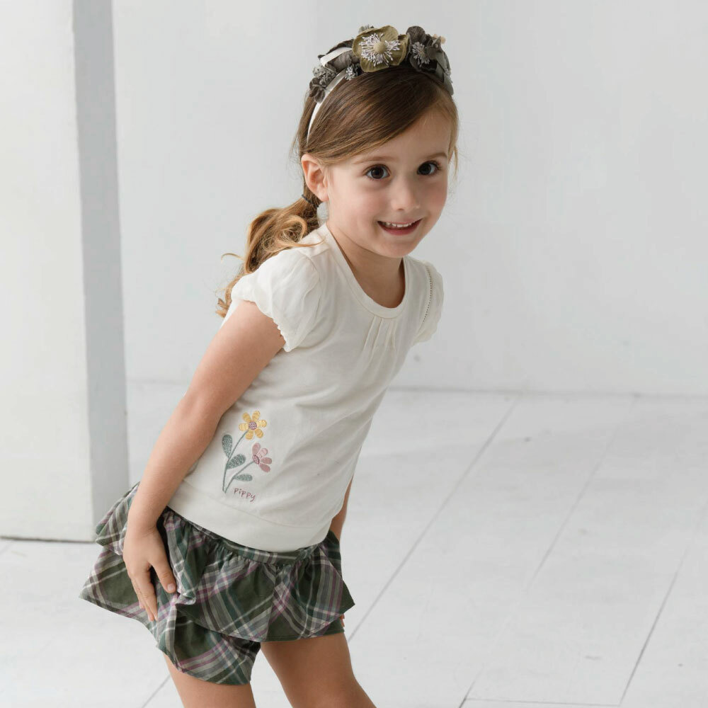 PIPPY小花刺繡彈性棉圓領短澎袖上衣 米