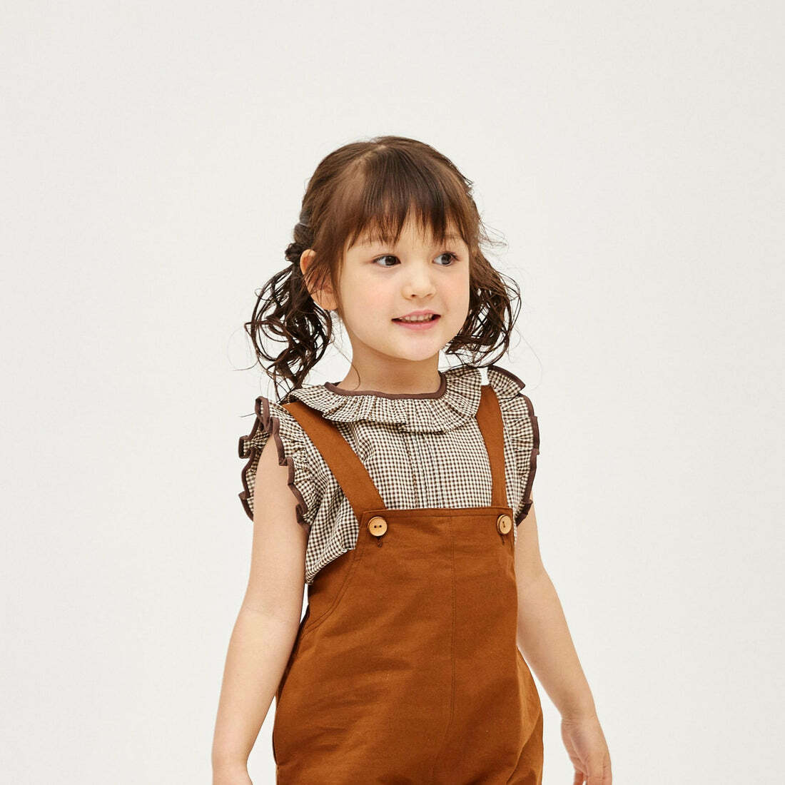 日本Petitmig 純棉格紋荷葉邊上衣 - Brown