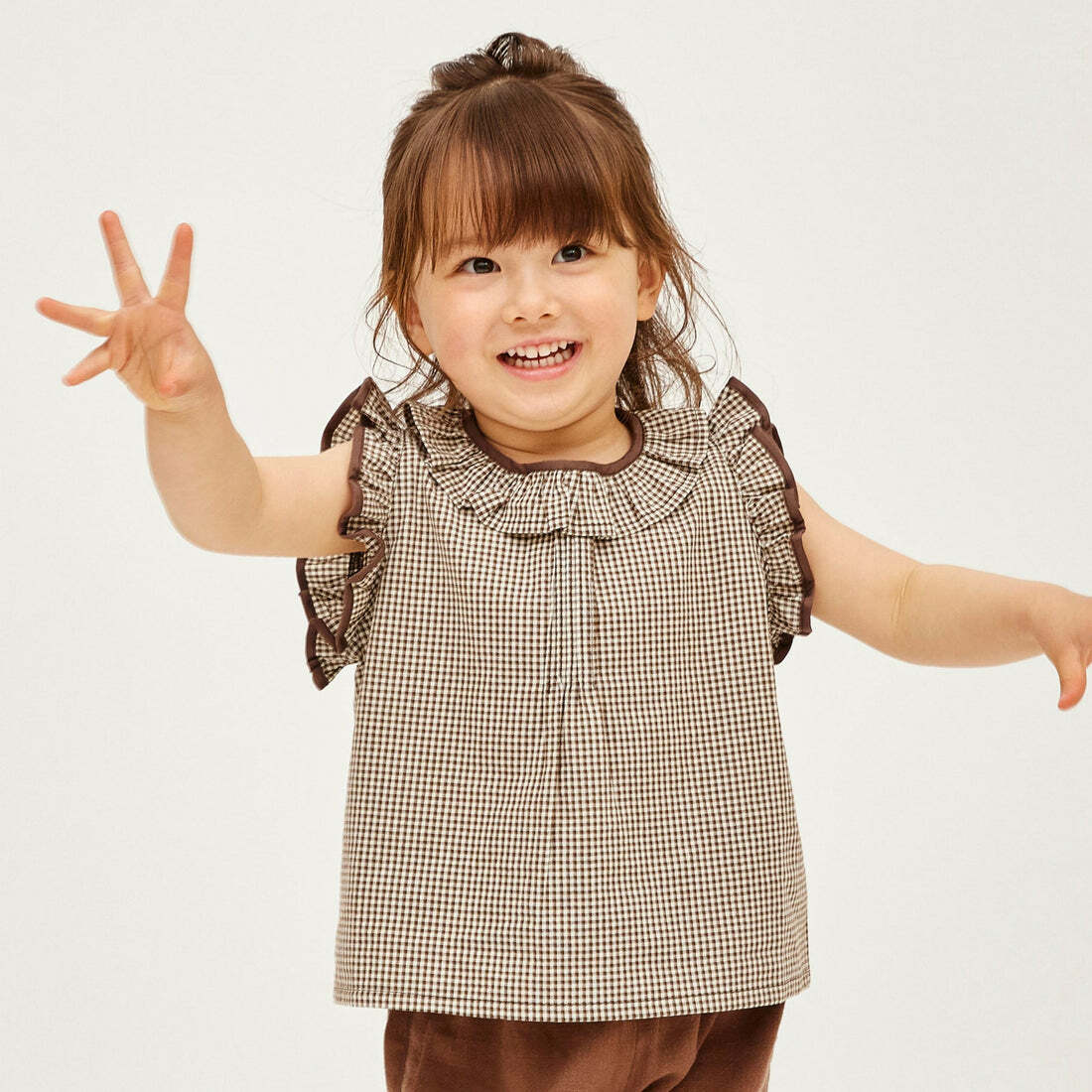 日本Petitmig 純棉格紋荷葉邊上衣 - Brown