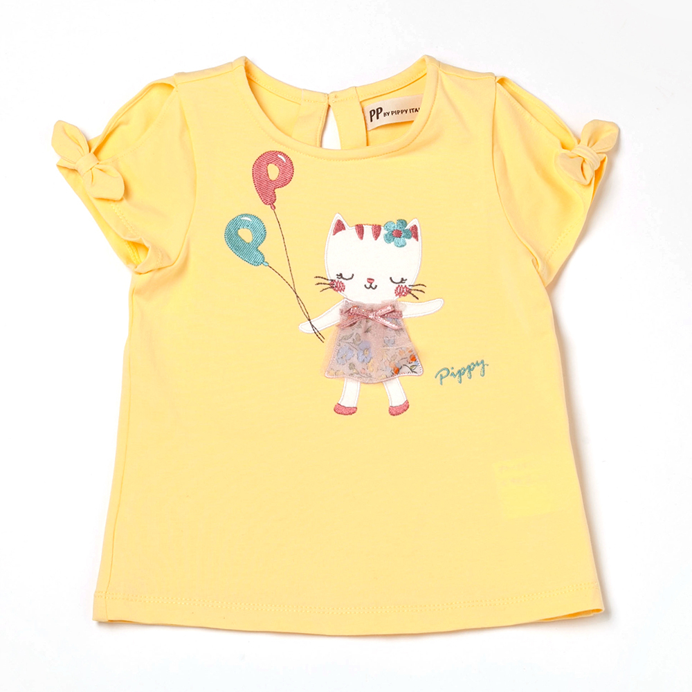 PIPPY 甜美貓咪刺繡彈性棉圓領短袖上衣 黃