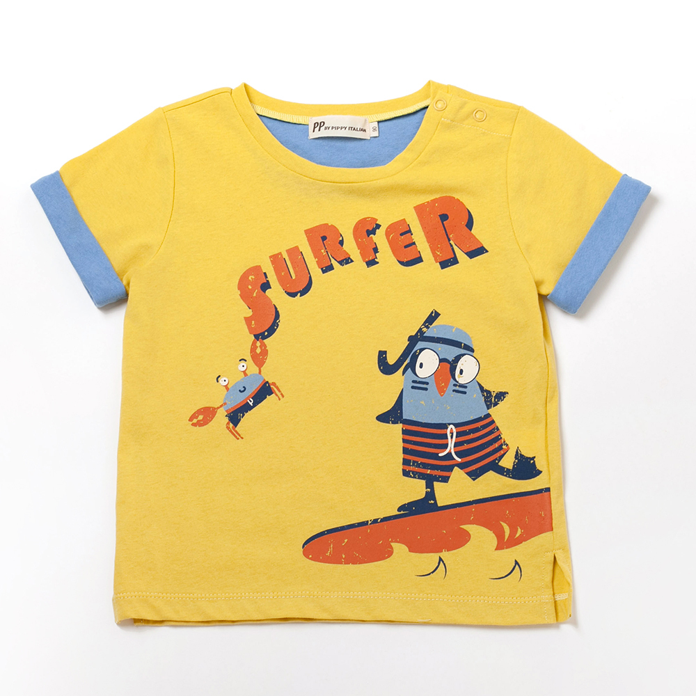 PIPPY 夏日小鳥印花純棉圓領短袖T恤上衣 黃