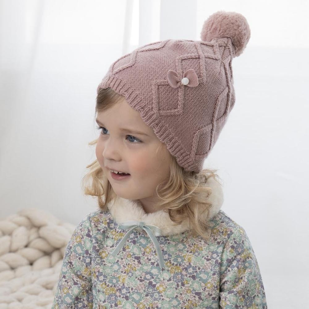 PIPPY立體毛線球蝴蝶結裝飾鉤織帽 粉