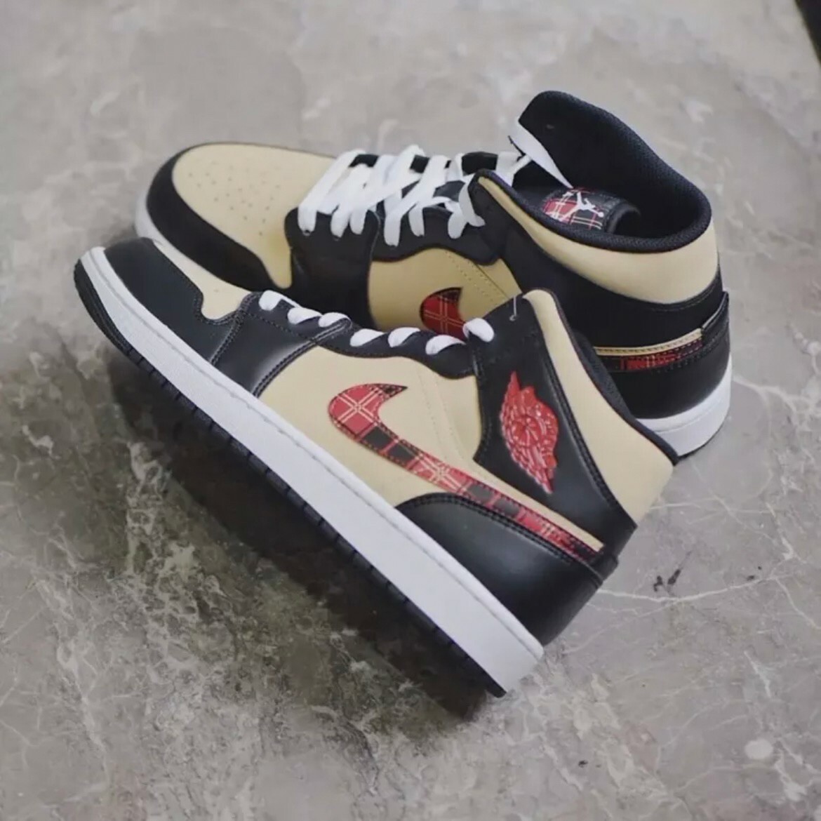 Nike Air Jordan 1 Mid SE 中筒 黑棕紅 卡其 格子 男鞋 AJ1 DZ5329-001