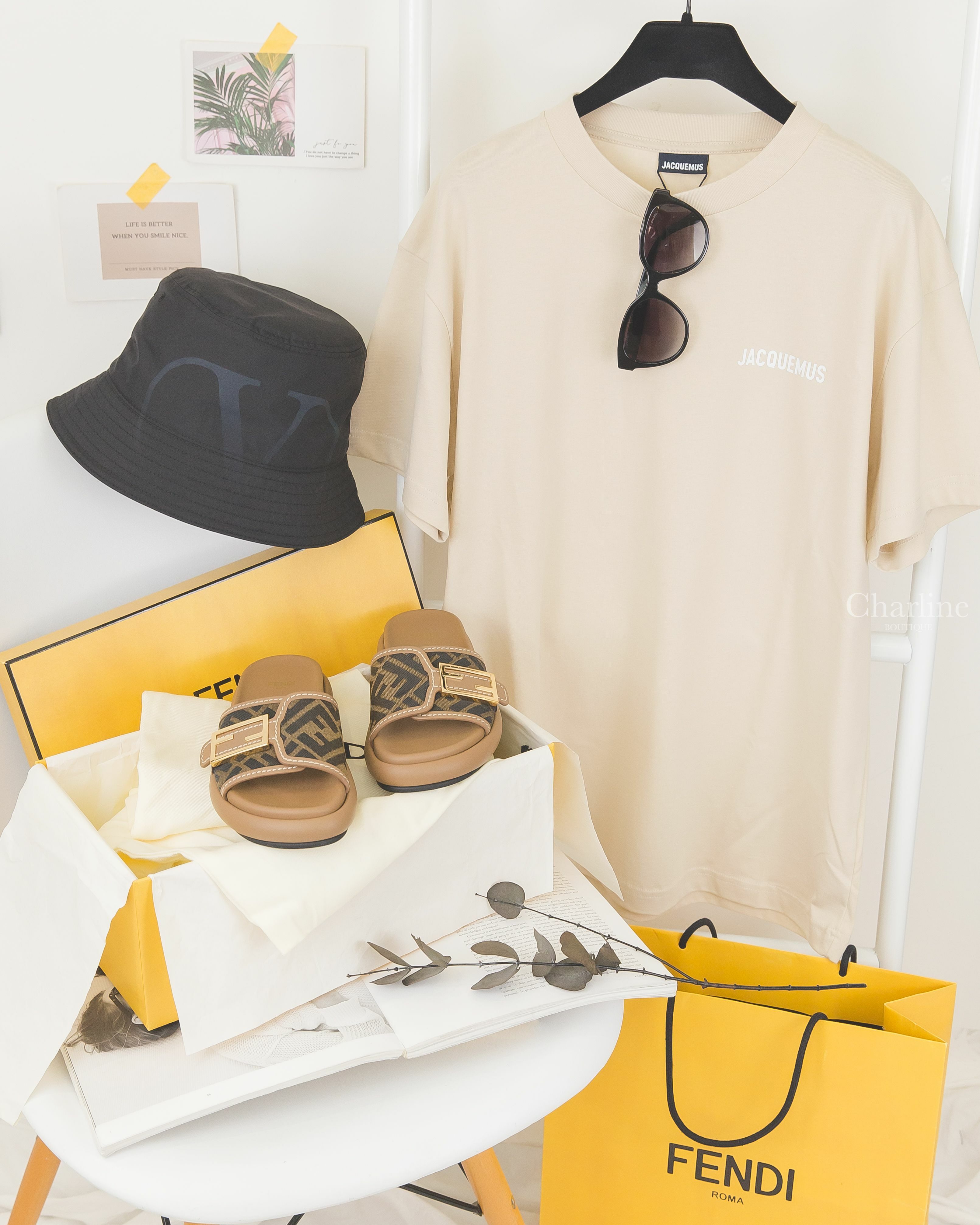 Fendi Fendi Feel 咖啡色小牛皮金釦黑色FF棉質老花拖鞋,Chanel Butterfly Sunglasses 黑色蝴蝶型灰色鏡片黃字側邊黑CC太陽眼鏡-Charline Boutique 精品代購