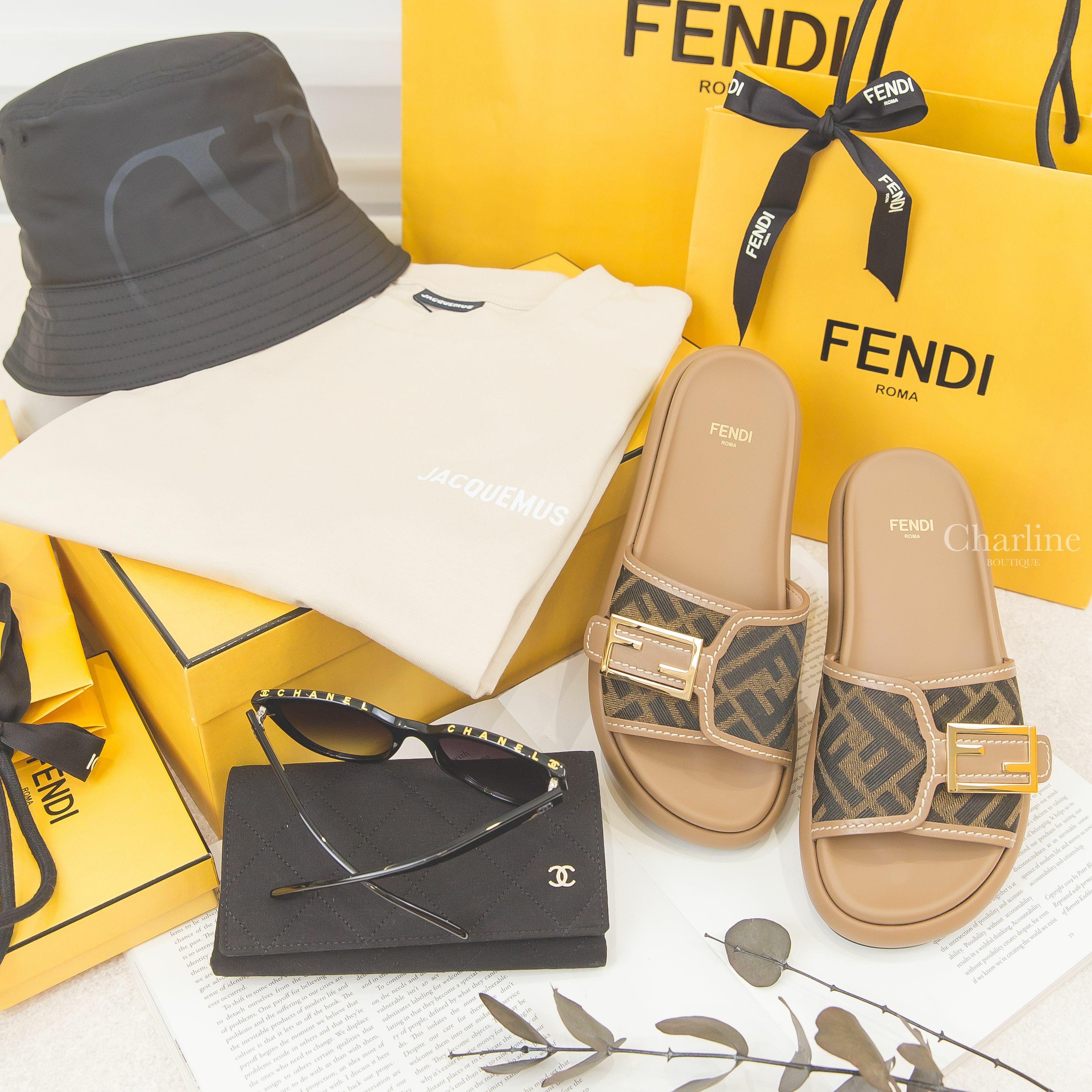 Fendi Fendi Feel 咖啡色小牛皮金釦黑色FF棉質老花拖鞋,Chanel Butterfly Sunglasses 黑色蝴蝶型灰色鏡片黃字側邊黑CC太陽眼鏡-Charline Boutique 精品代購