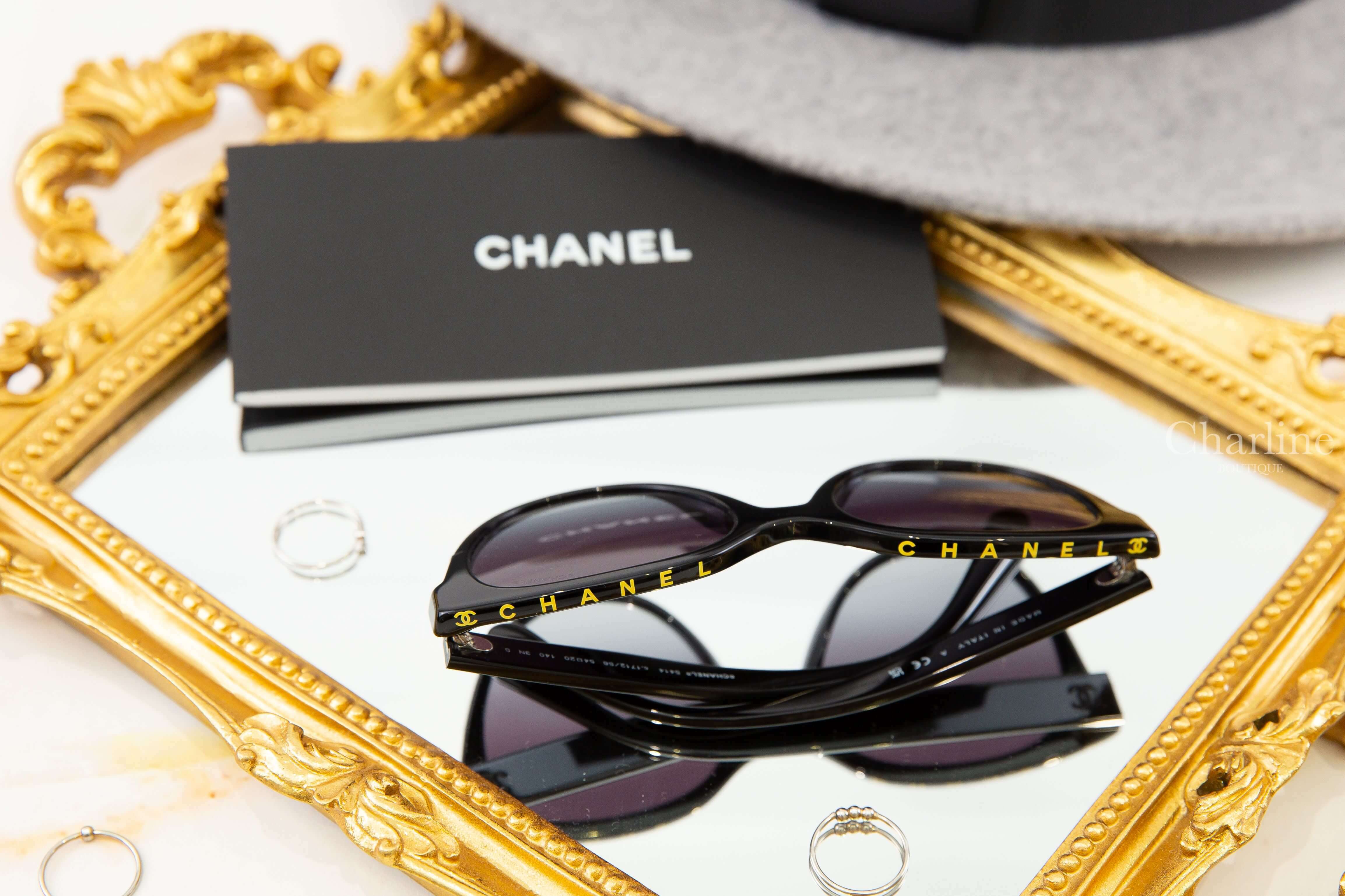 Chanel Butterfly Sunglasses 黑色蝴蝶型灰色鏡片黃字側邊黑CC太陽眼鏡