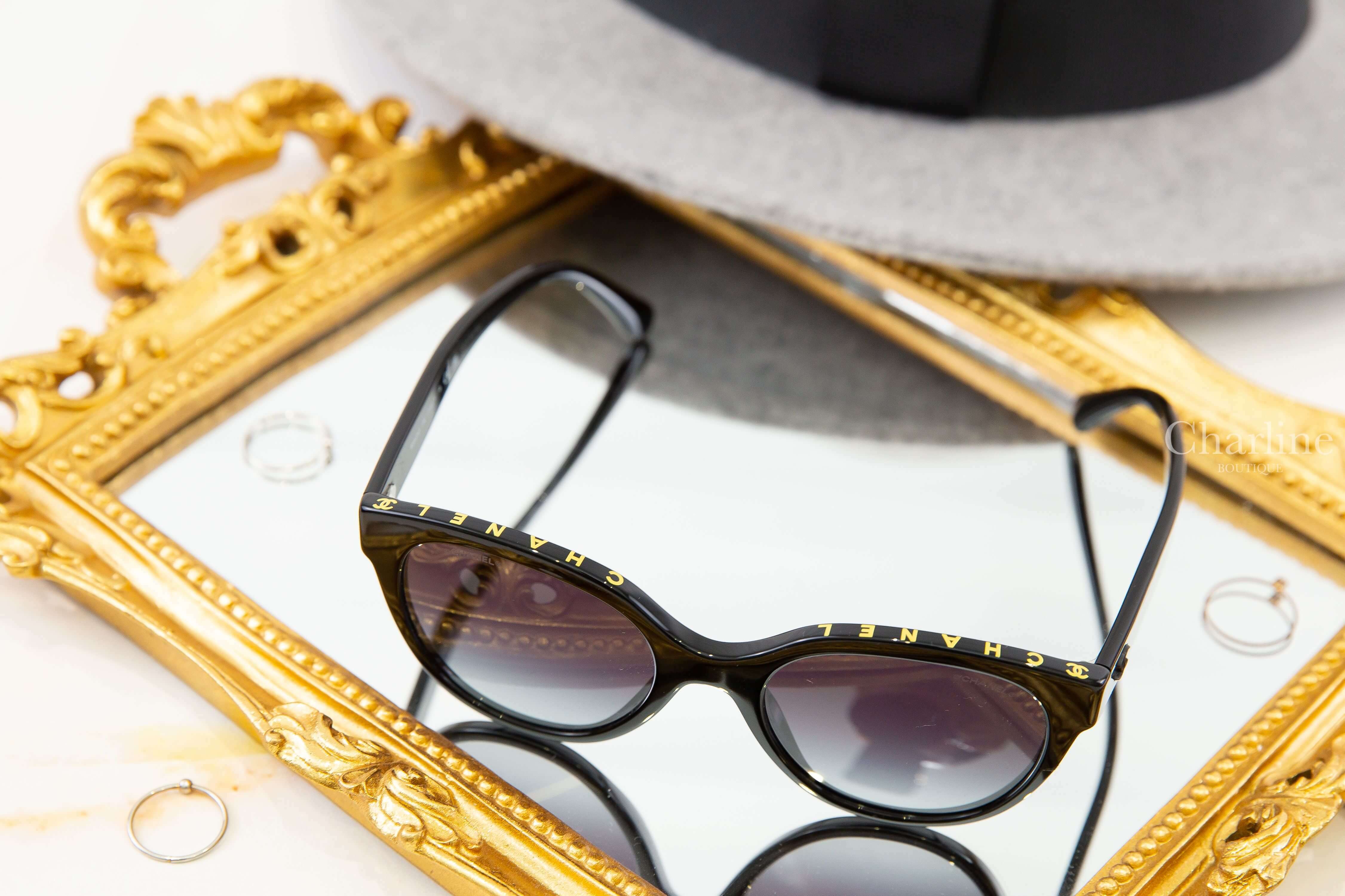 Chanel Butterfly Sunglasses 黑色蝴蝶型灰色鏡片黃字側邊黑CC太陽眼鏡-Charline Boutique 精品代購