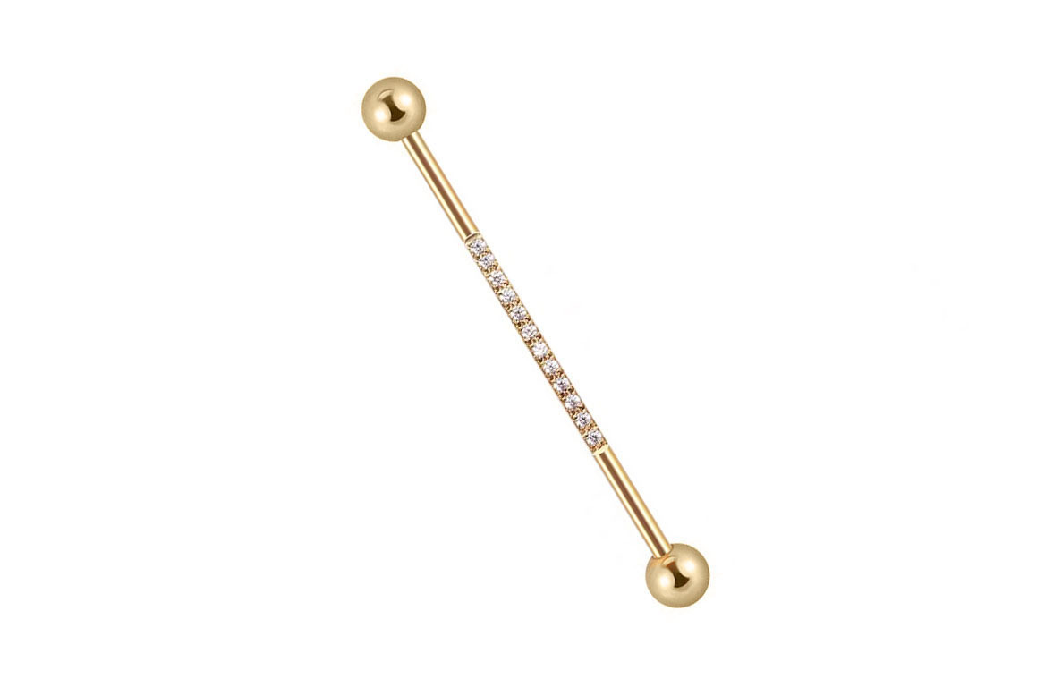 14K Gold Industrial Barbell with 12 CZ