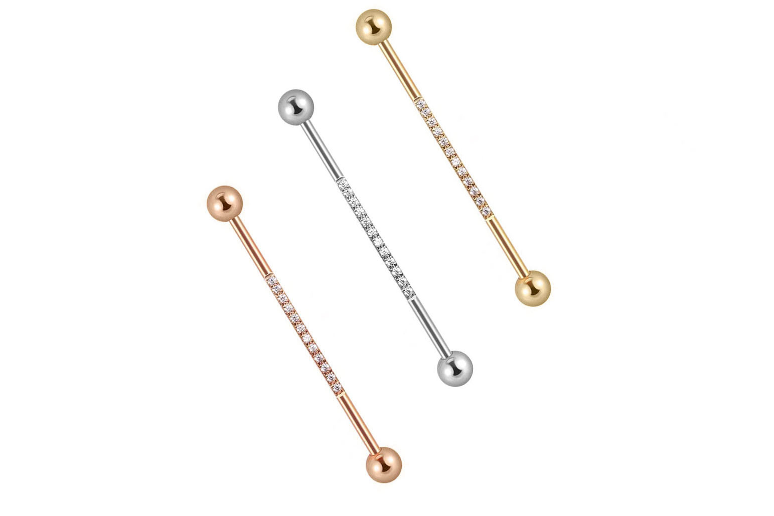 14K Gold Industrial Barbell with 12 CZ