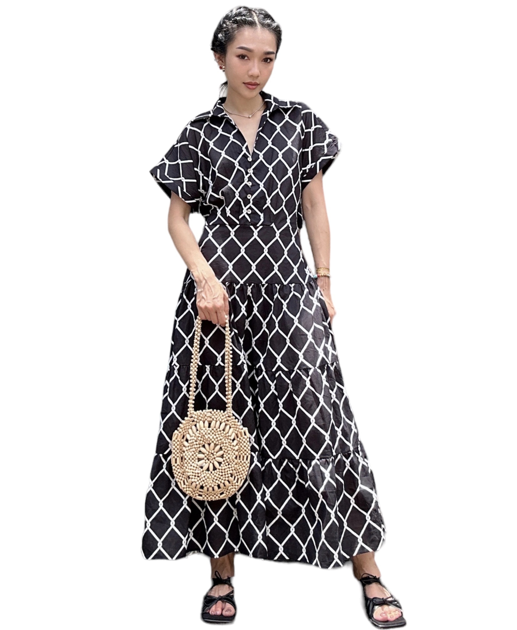 復古鈕繩格後開連身裙（現貨款式）