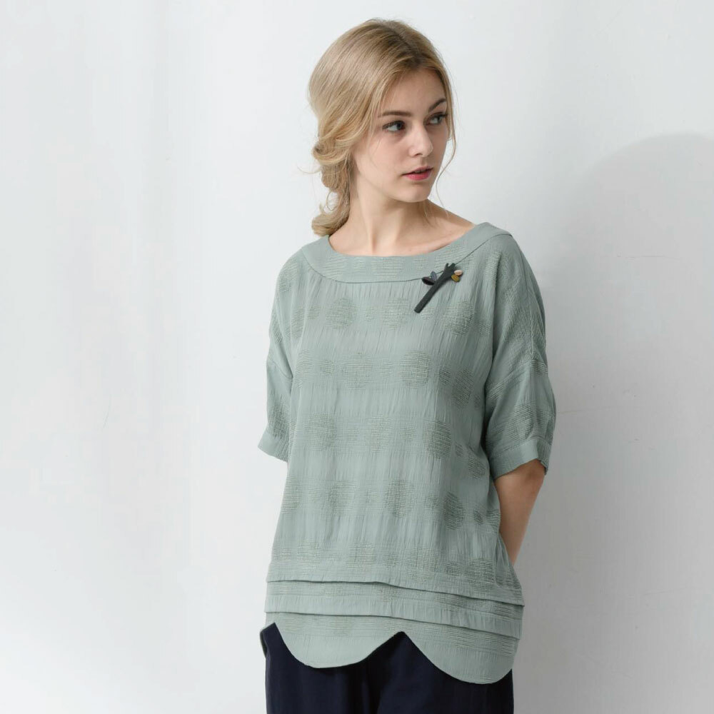 PIPPY圓點提花花邊下擺圓領上衣 綠