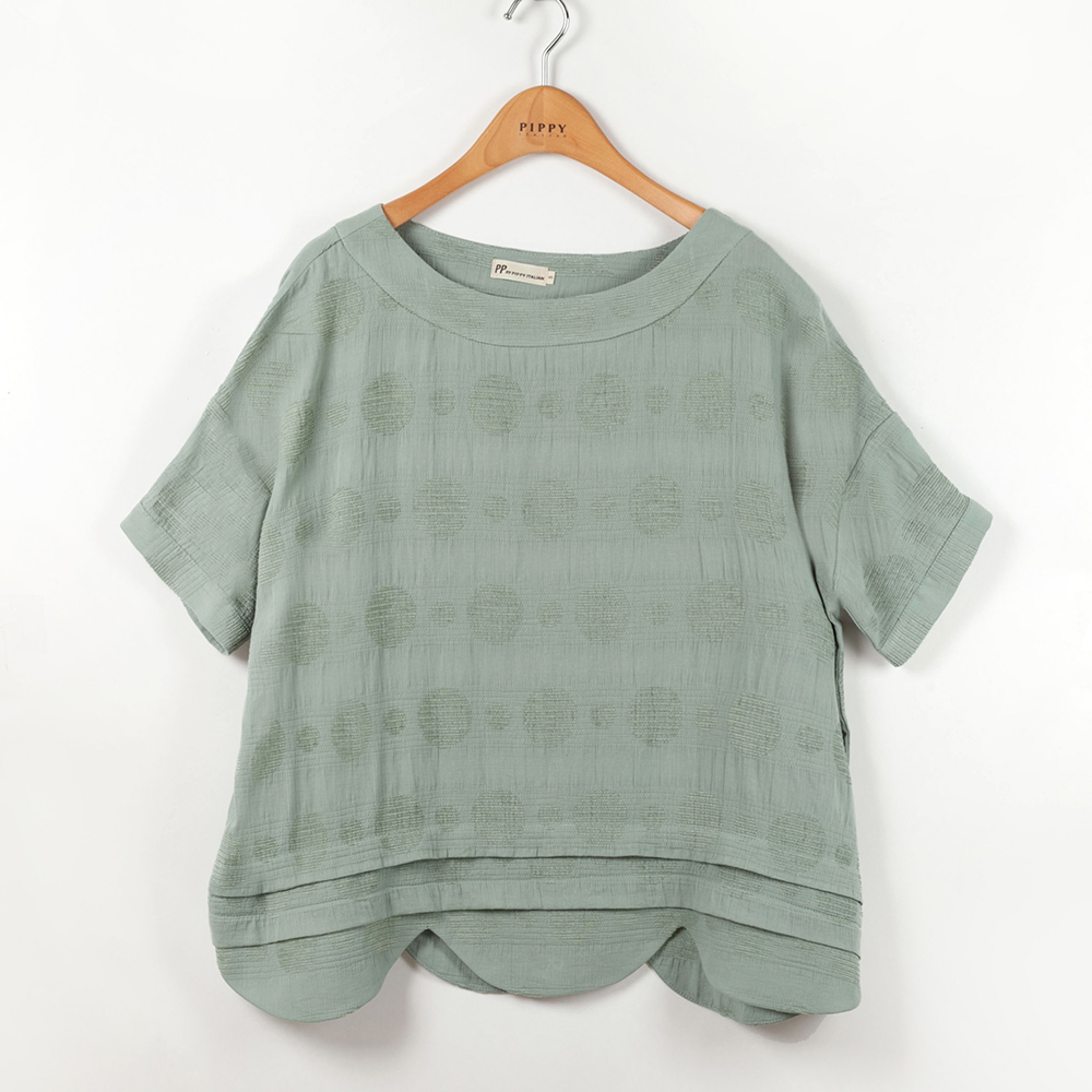 PIPPY圓點提花花邊下擺圓領上衣 綠