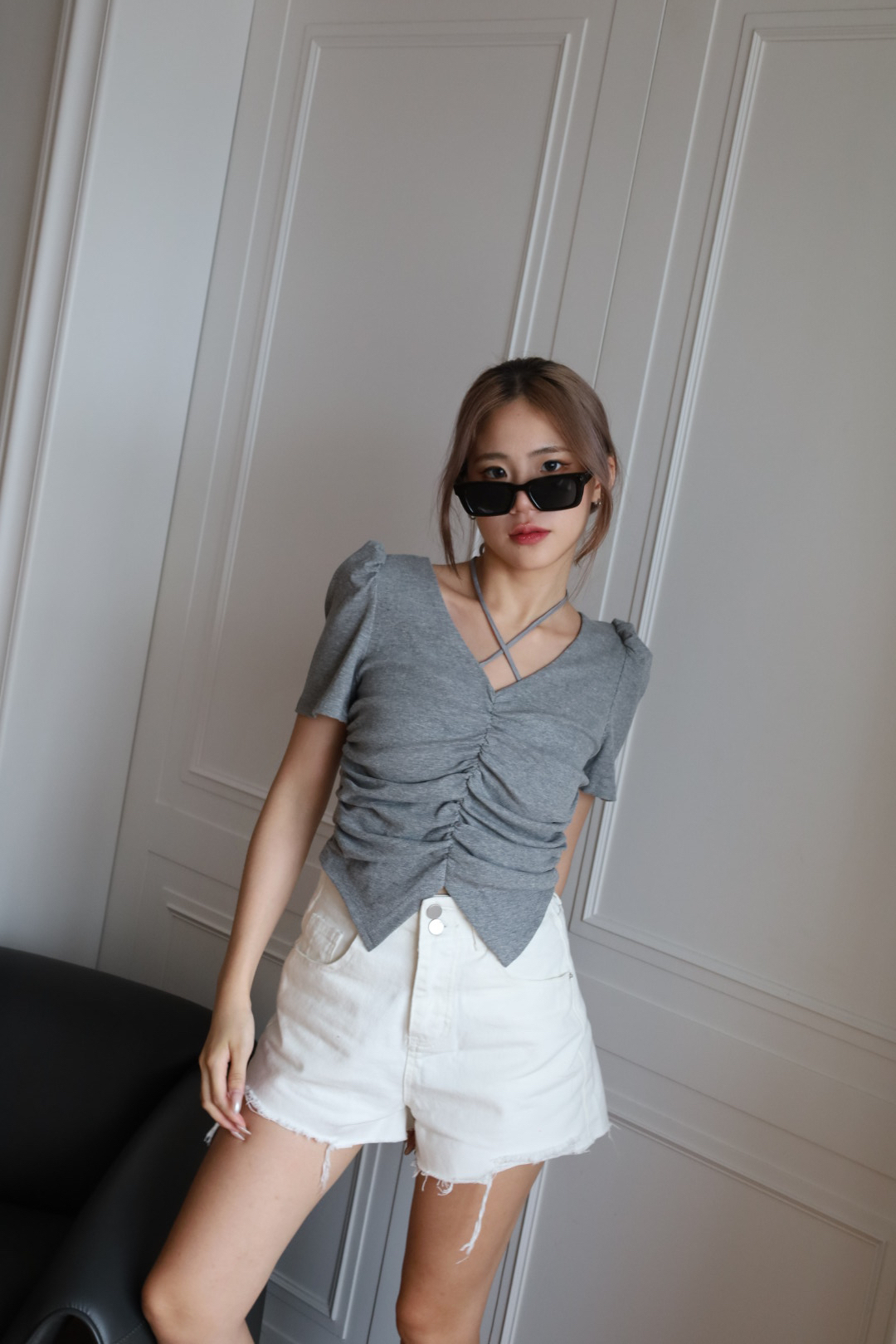 抓皺綁帶公主袖上衣