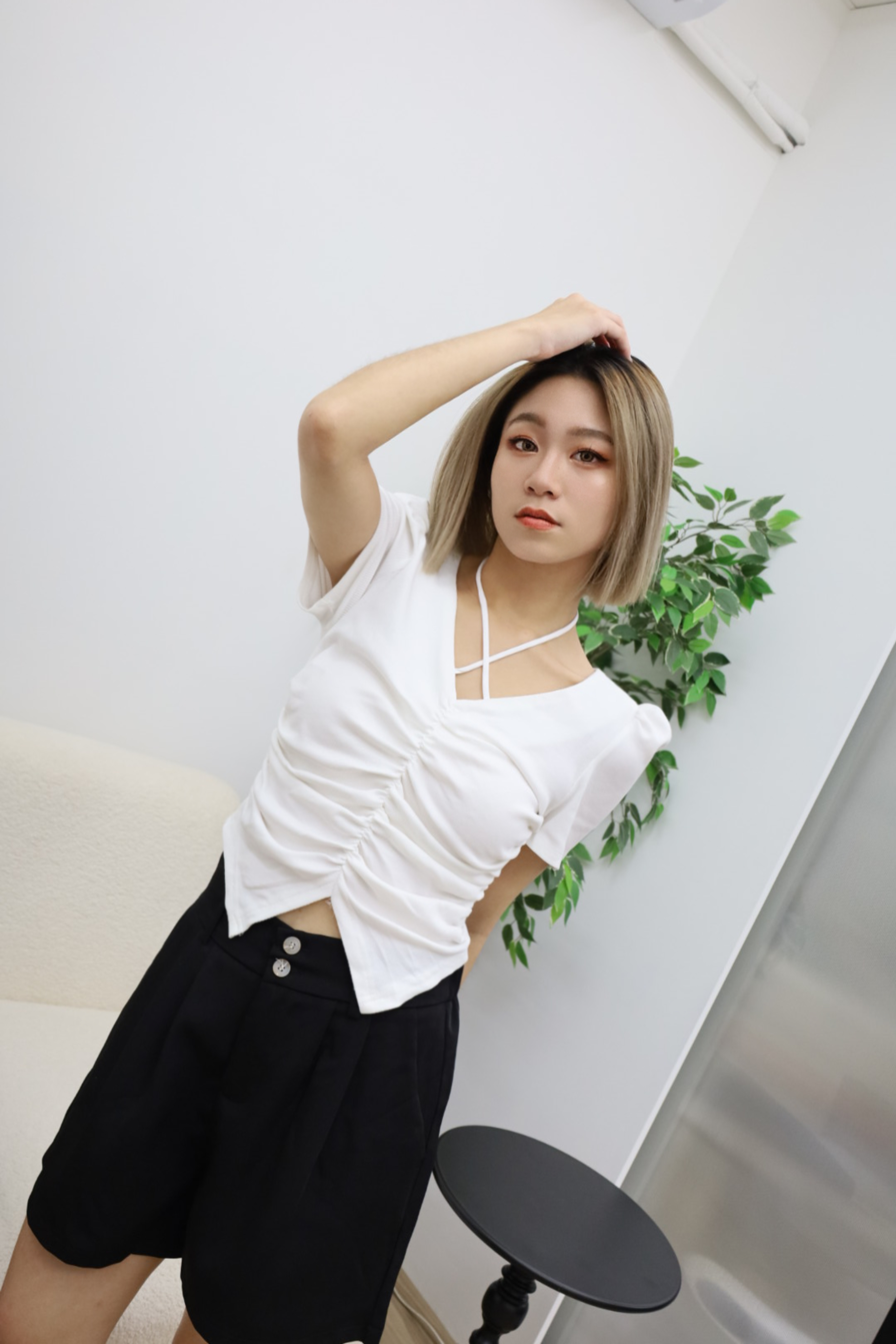 抓皺綁帶公主袖上衣