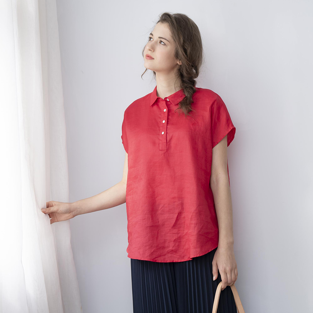 PIPPY 亞麻蓋袖小翻領襯衫上衣 開運紅