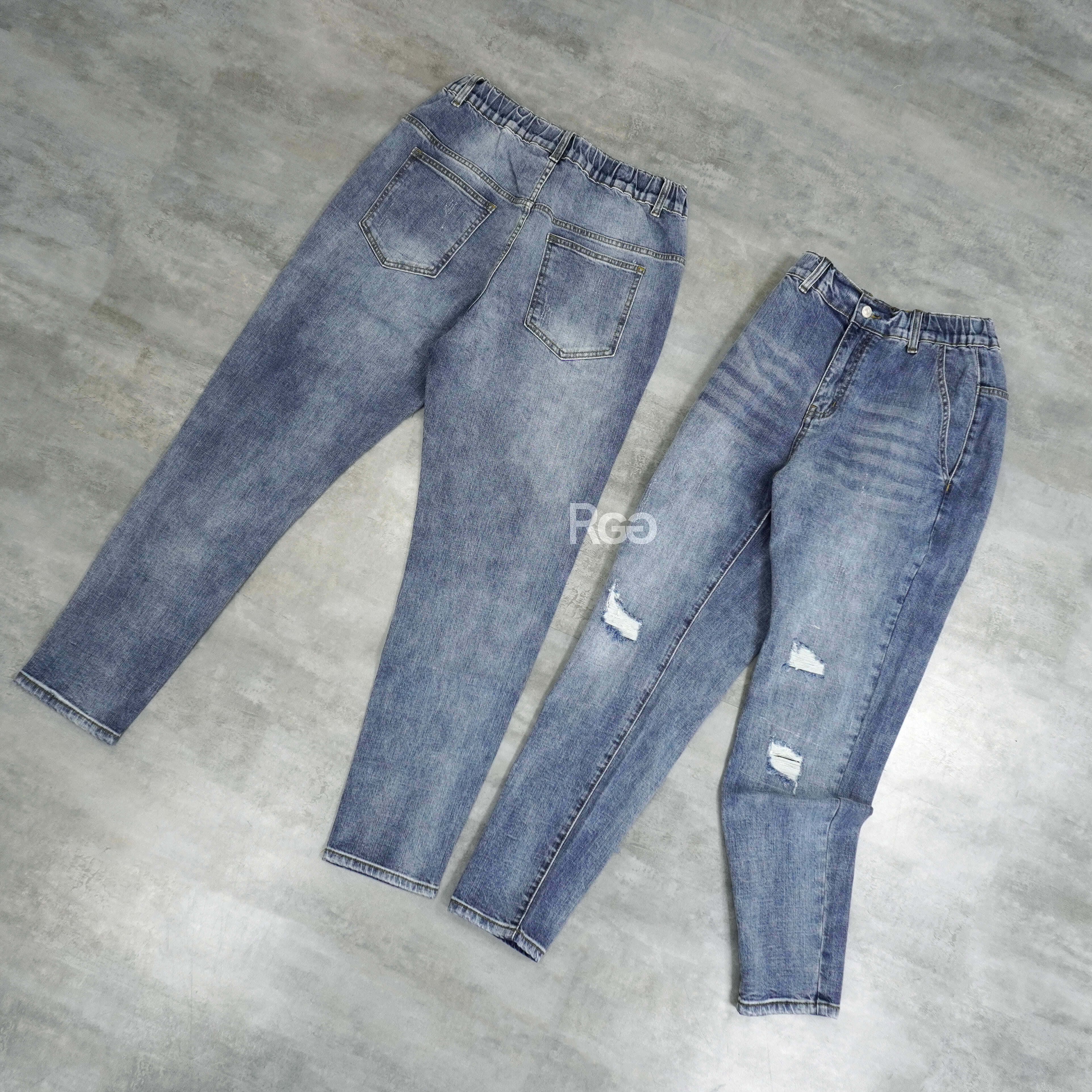 #039 錐形彈力刷破補釘牛仔褲