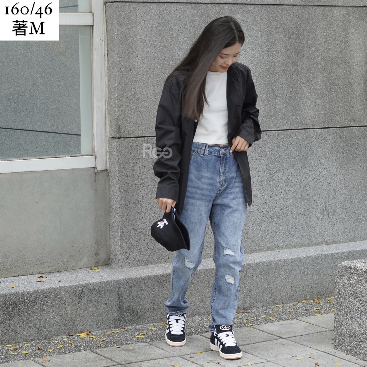 #039 錐形彈力刷破補釘牛仔褲