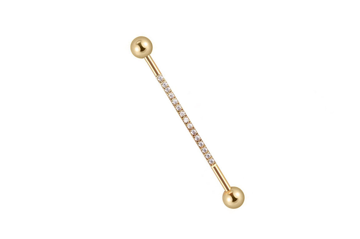14K Gold Industrial Barbell with 15 CZ