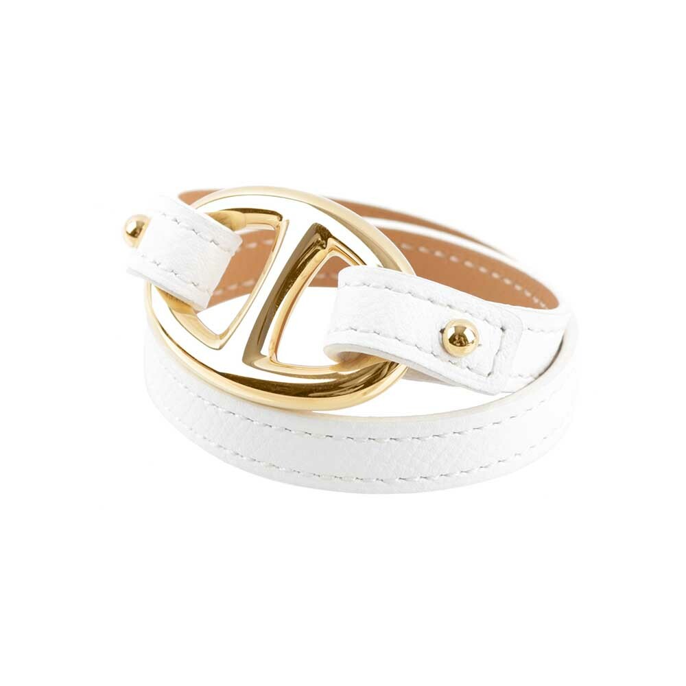 【HERMES】Epsom皮革 金色豬鼻雙圈手環(XS)(白色)
