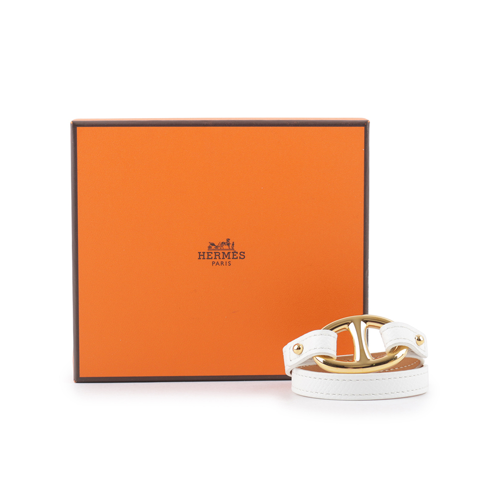 【HERMES】Epsom皮革 金色豬鼻雙圈手環(XS)(白色)