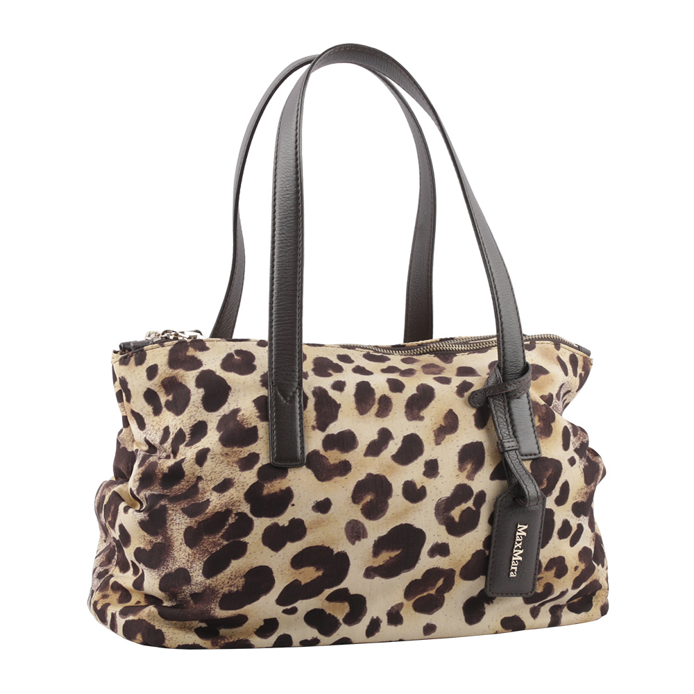 【MAX MARA】豹紋尼龍拼皮革雙拉鍊手提包