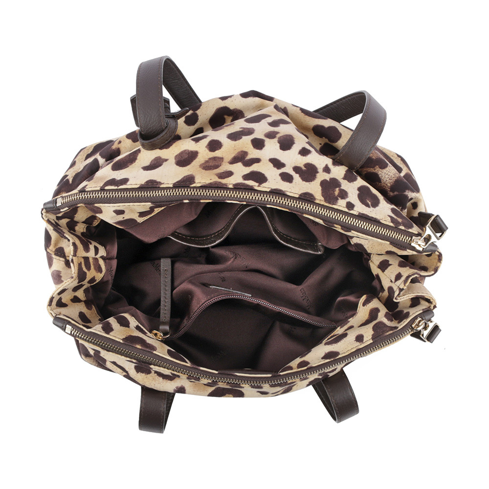 【MAX MARA】豹紋尼龍拼皮革雙拉鍊手提包