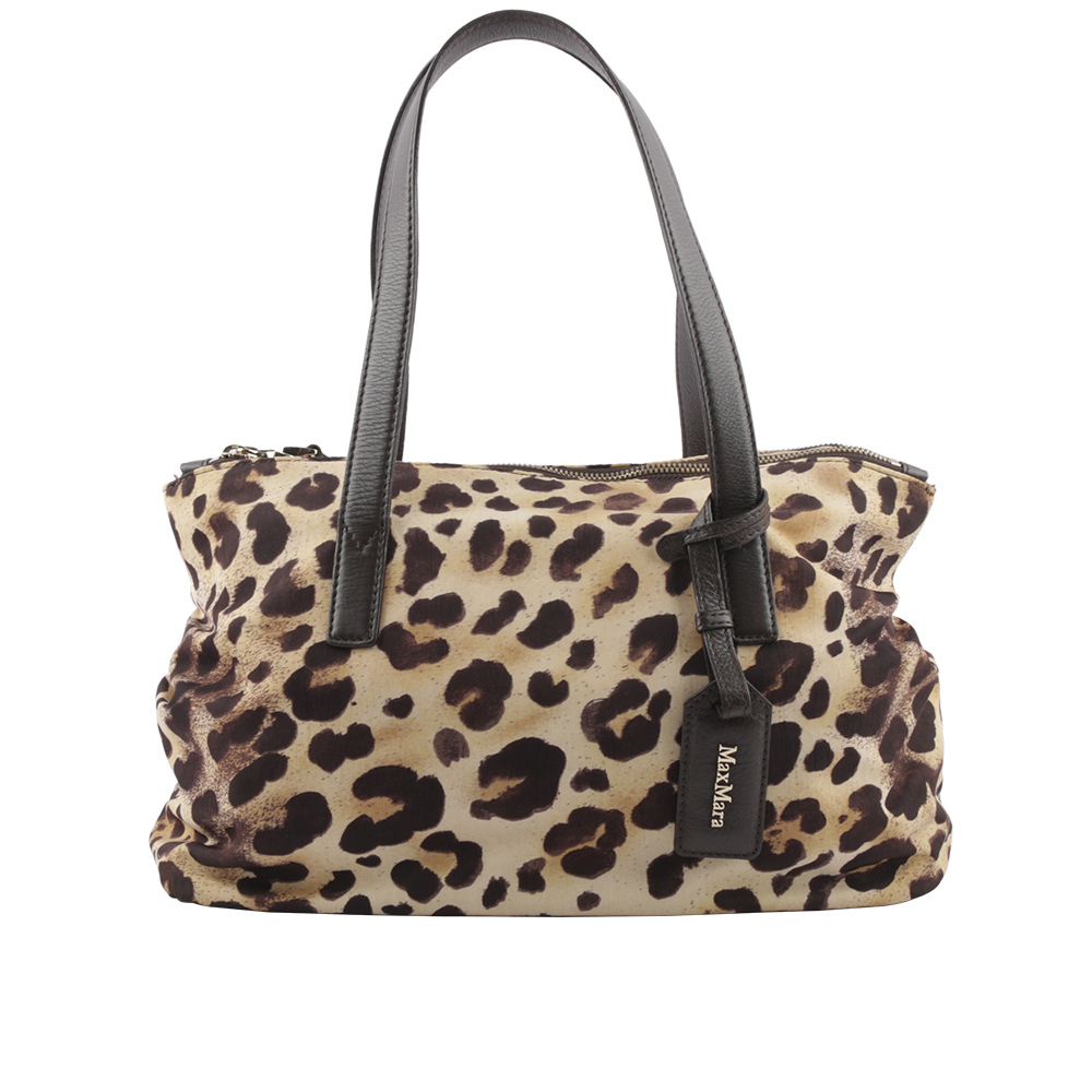 【MAX MARA】豹紋尼龍拼皮革雙拉鍊手提包