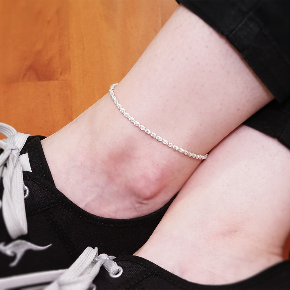 編織繩索腳鍊 銀白款 (2.8mm中細鍊) 925純銀刻字腳鍊