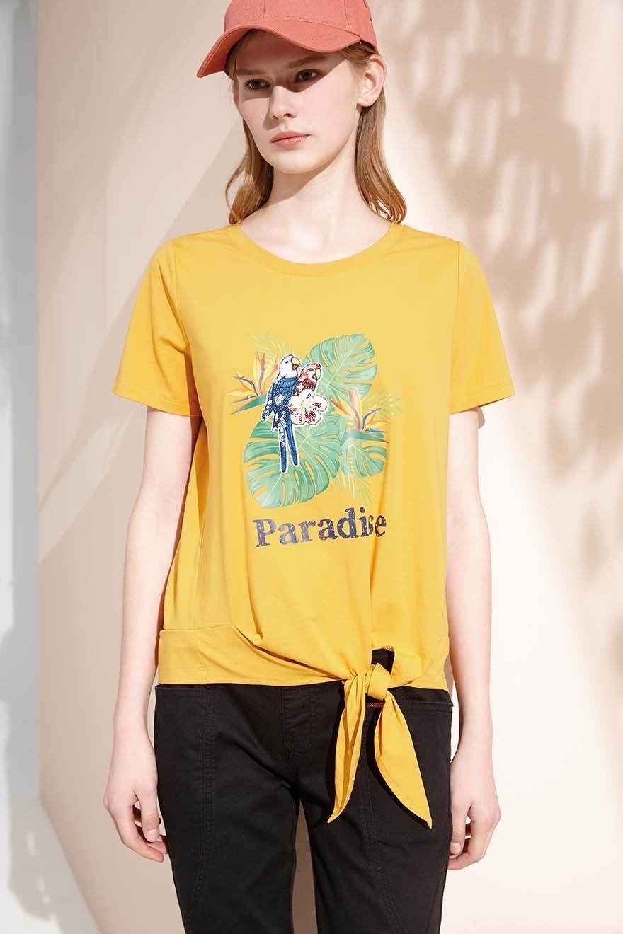 時尚修身綁結造型熱帶天堂鳥印花棉T S6792