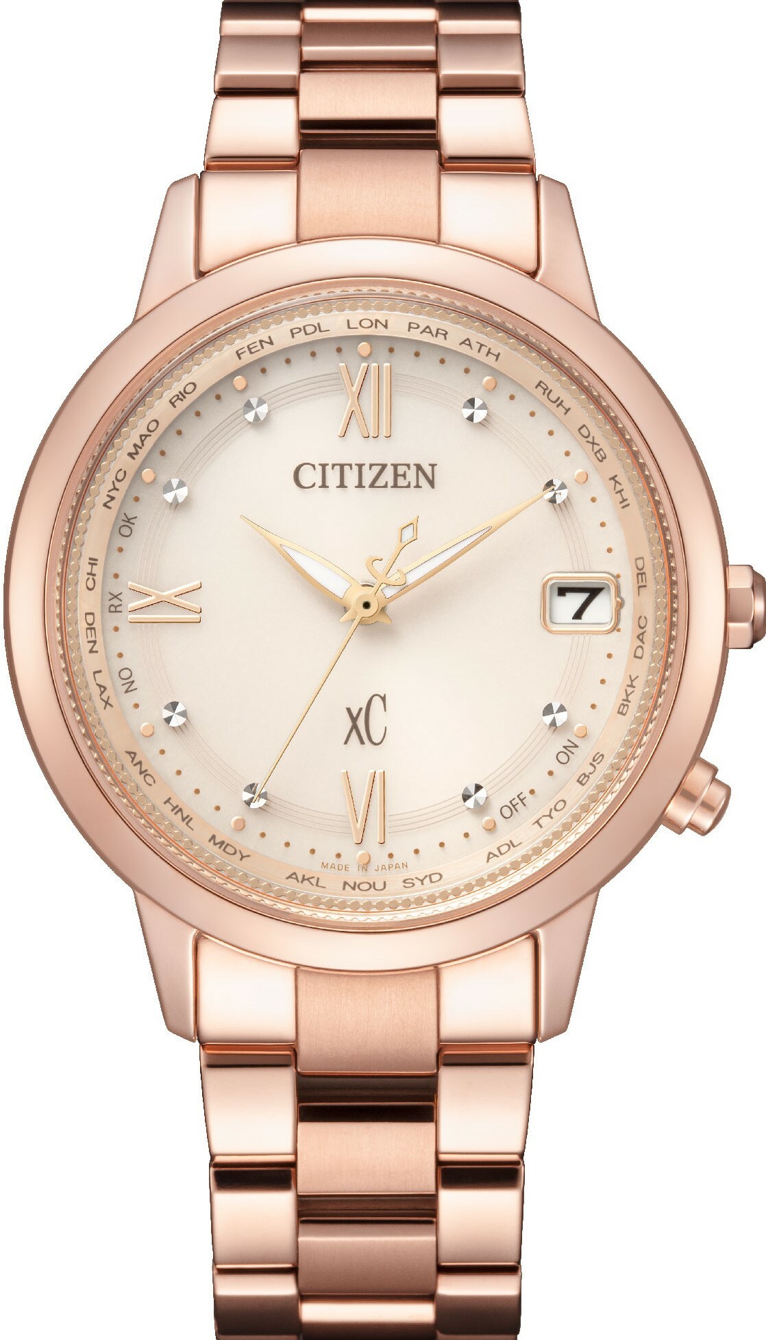 萬年鐘錶 - Citizen 星辰錶  XC   玫瑰金世界時間鈦金屬光動能電波女錶   CB1132-51W  錶徑36MM