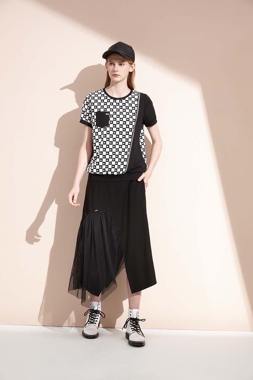 時尚個性拼接不對稱剪裁修身長裙S6721