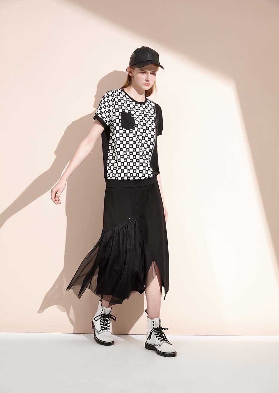 時尚個性拼接不對稱剪裁修身長裙S6721