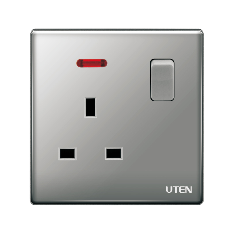 UTEN Z9 13A單位連保護門有掣插座連LED指示燈(灰色/金色)