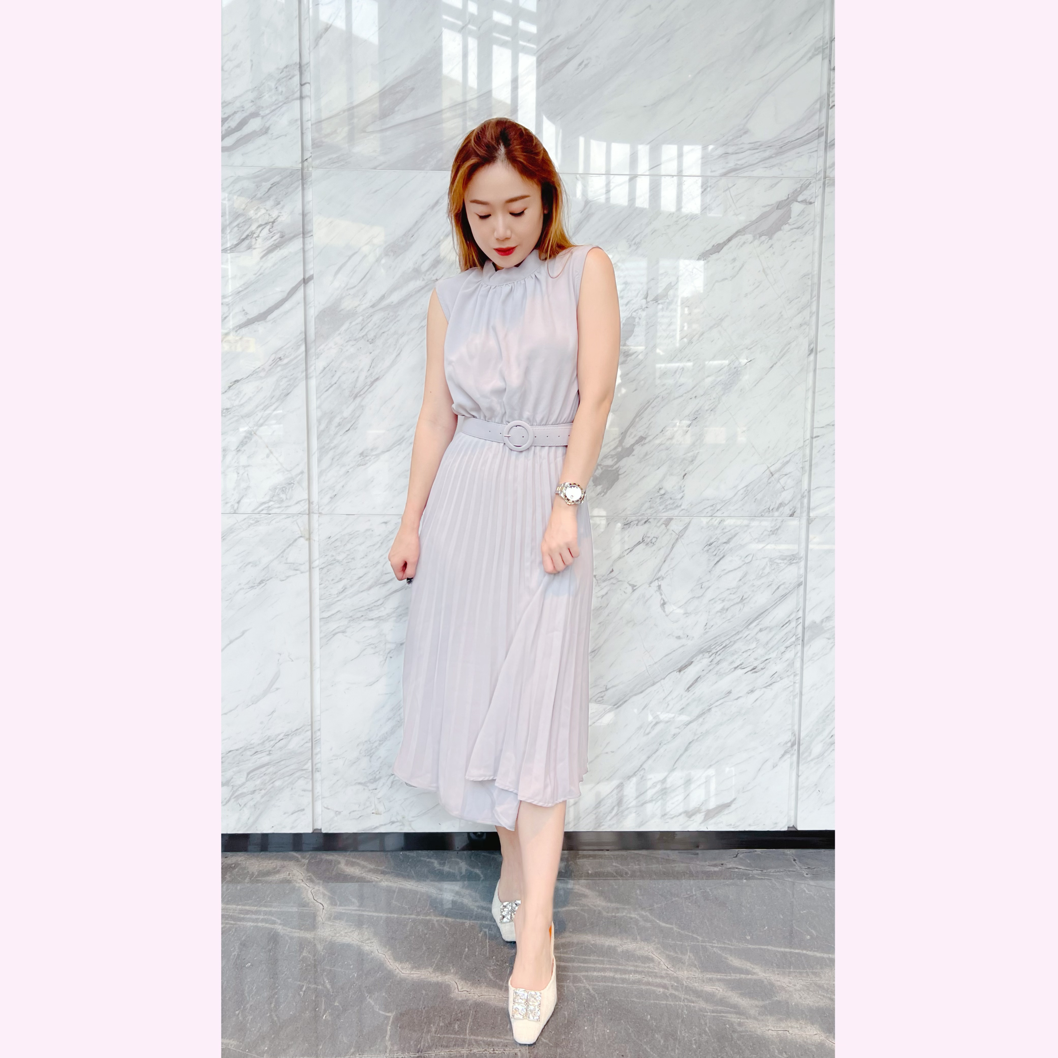 DR23S0726 雪紡溫柔百摺背心連身裙連腰帶