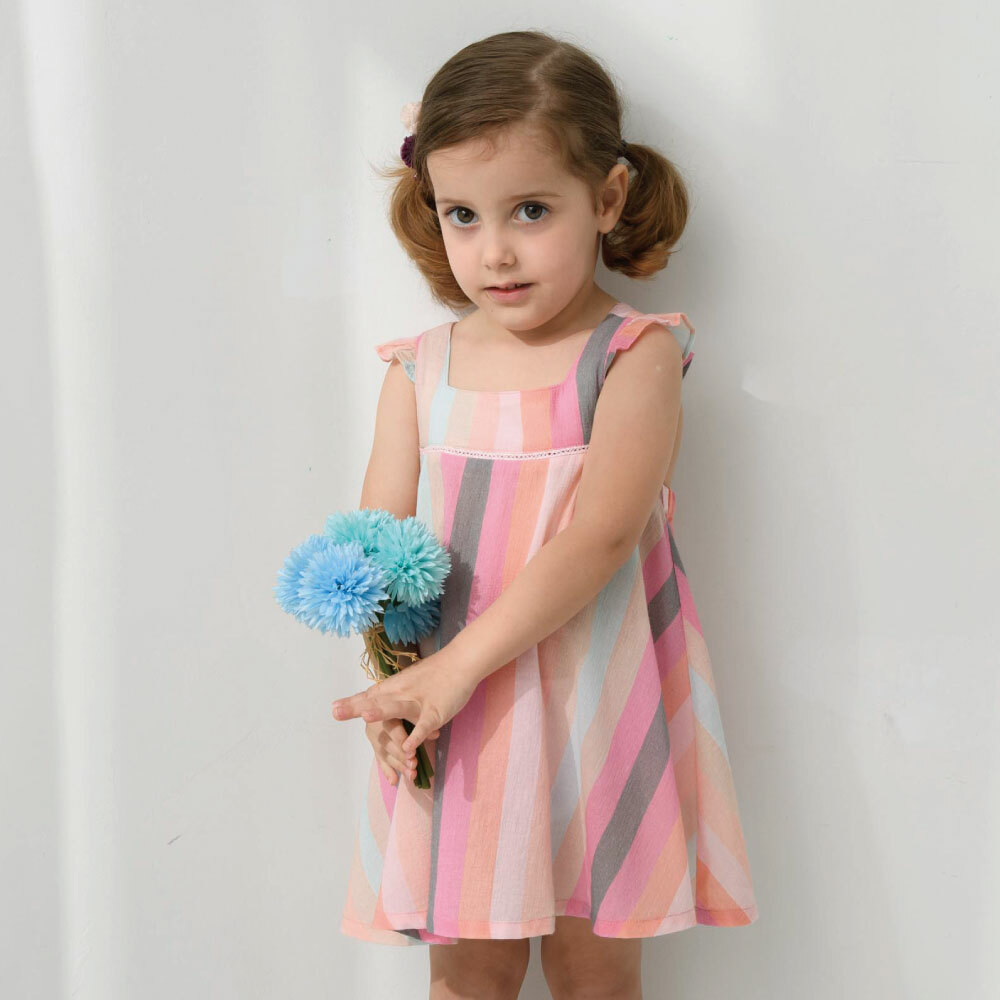 PIPPY 多彩直條純棉無袖吊帶洋裝 粉