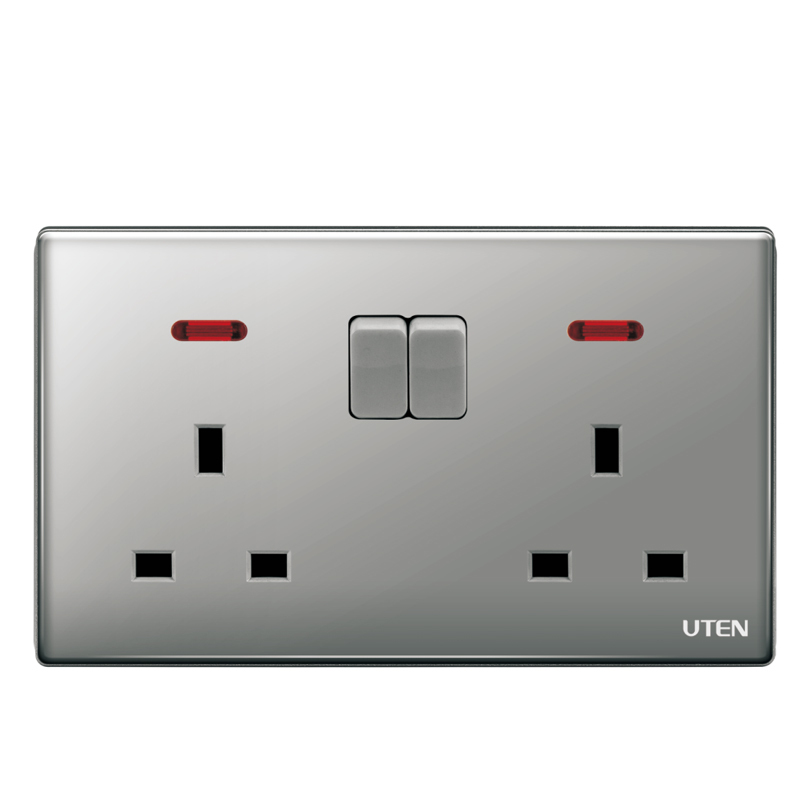 UTEN Z9 13A兩位連保護門插座開關連LED指示燈(灰色/金色)