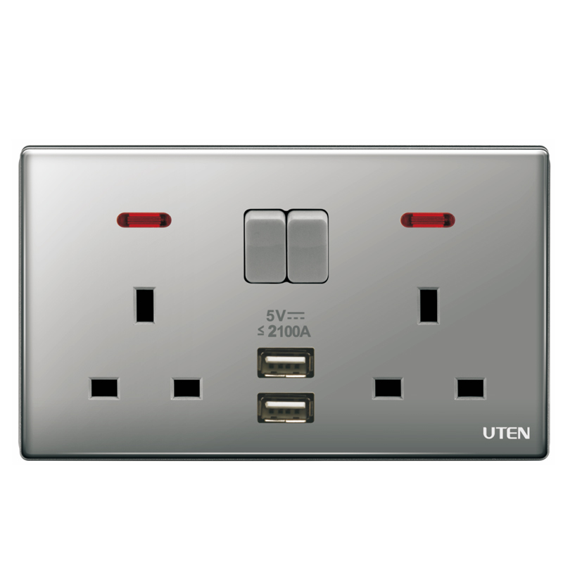 UTEN Z9 13A兩位連保護門插座開關連LED指示燈+2.1A雙USB(灰色/金色)
