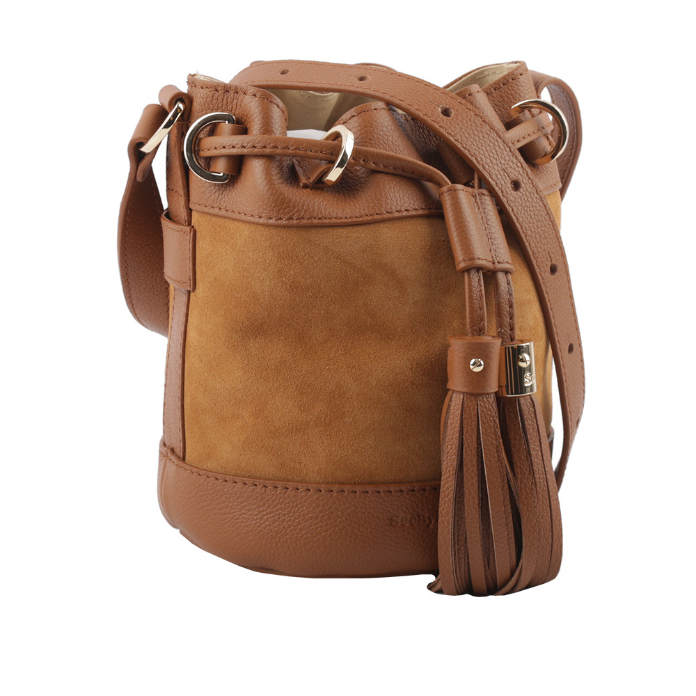 【SEE BY CHLOE】VICKI 山羊皮拼麂皮小款水桶包(棕色) CHS23ASC13330242