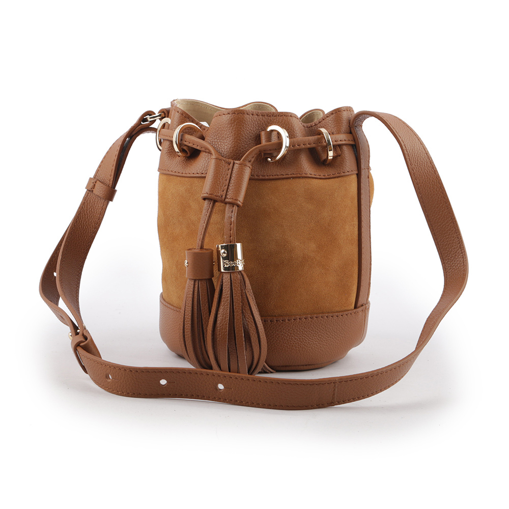 【SEE BY CHLOE】VICKI 山羊皮拼麂皮小款水桶包(棕色) CHS23ASC13330242