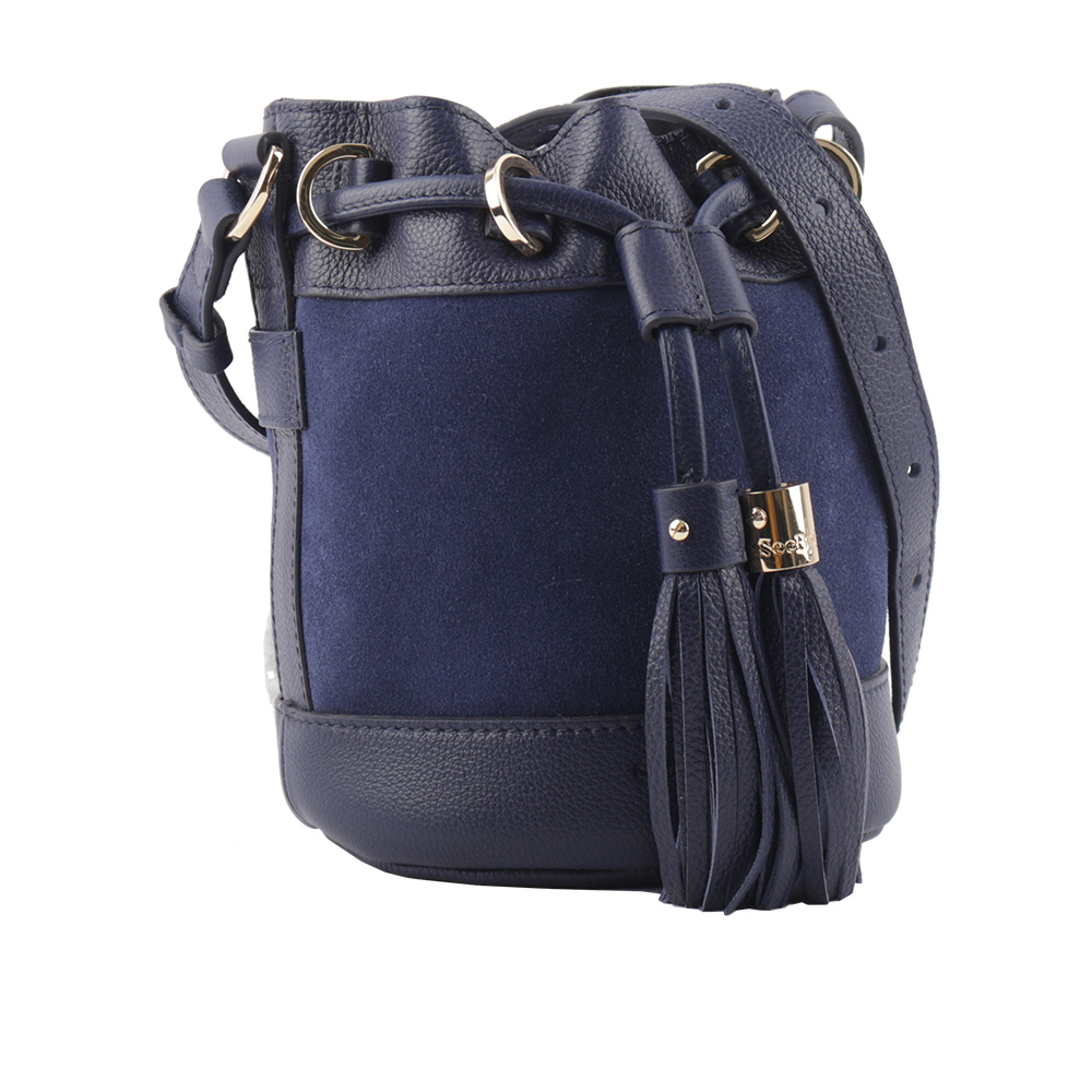 【SEE BY CHLOE】VICKI 山羊皮拼麂皮小款水桶包(午夜藍) CHS23ASC1333048C